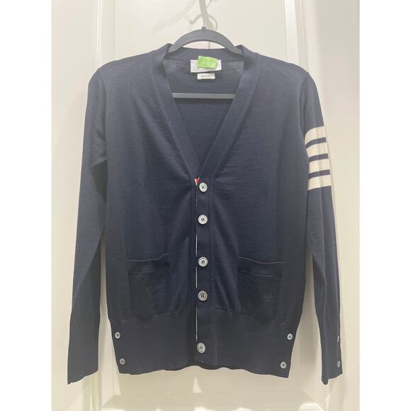 THOM BROWNE Men's 4-Bar Wool Navy Blue Cardigan Sweater Sz 0 - Picture 4 of 10
